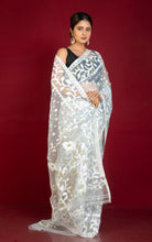 Soft Muslin Silk Jamdani Saree in Ice Gray, Off White, and Water Golden Zari Work