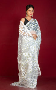 Soft Muslin Silk Jamdani Saree in Ice Gray, Off White, and Water Golden Zari Work