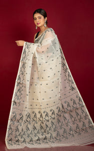 Premium Quality Traditional Karat Work Silk Jamdani Saree in Parchment White and Black