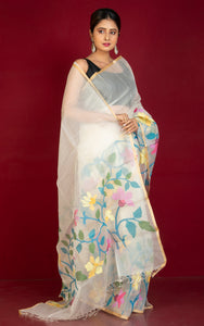 Premium Hand Woven Skirt Nakshi Work Muslin Silk Dhakai Jamdani Saree in Off White, Beige and Multicolored Minakari Thread Work
