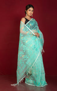 Soft Muslin Silk Jamdani Saree in Bright Aqua and Water Golden Zari Work