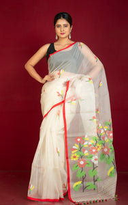 Premium Poth Muslin Silk Jamdani Saree in Chiffon White, Red and Multicolored Thread Work