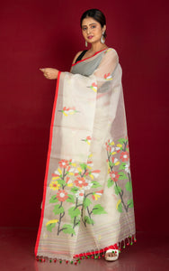 Premium Poth Muslin Silk Jamdani Saree in Chiffon White, Red and Multicolored Thread Work