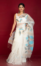 Naal Phool Woven Nakshi Work Muslin Silk Jamdani Saree in White, Black, Azure Blue and Gold Zari Work