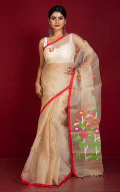 Premium Poth Muslin Silk Jamdani Saree in Rose Gold, Red and Multicolored Thread Work