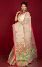 Premium Poth Muslin Silk Jamdani Saree in Rose Gold, Red and Multicolored Thread Work