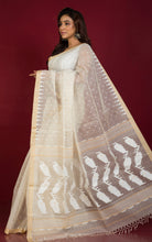 Premium Quality Contrast Checks Muslin Silk Jamdani Saree in Parchment, Off White, with Diffuse Gold color Tussar Silk Selvage