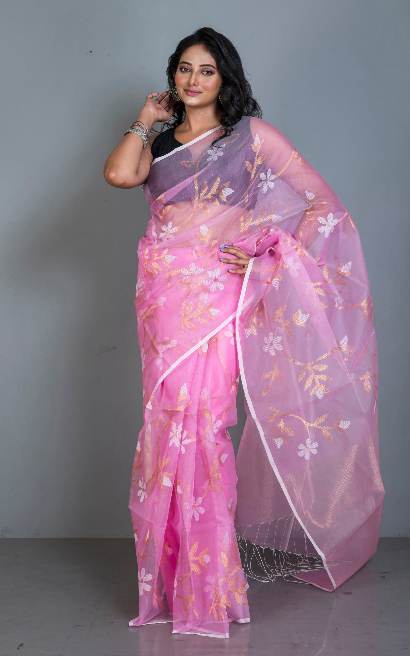 Premium Poth Muslin Silk Jamdani Saree with Jaal Floral Work in Cotton Pink, Off White and Golden