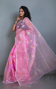 Premium Poth Muslin Silk Jamdani Saree with Jaal Floral Work in Cotton Pink, Off White and Golden