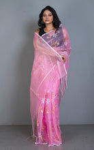 Premium Poth Muslin Silk Jamdani Saree with Jaal Floral Work in Cotton Pink, Off White and Golden