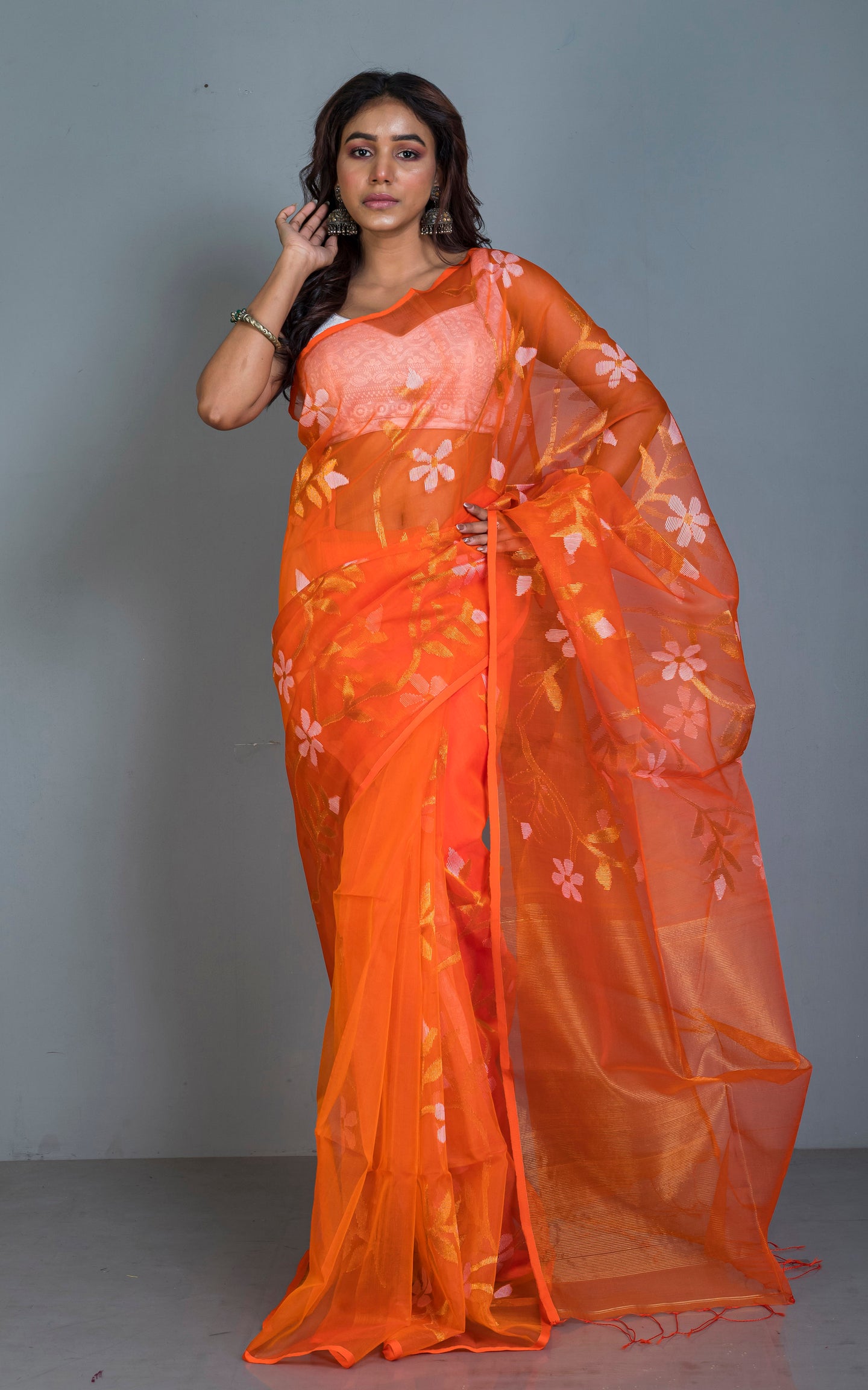 Premium Poth Muslin Silk Jamdani Saree with Jaal Floral Work in Bright Orange, Off White and Golden