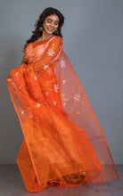 Premium Poth Muslin Silk Jamdani Saree with Jaal Floral Work in Bright Orange, Off White and Golden