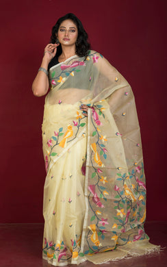 Premium Hand Woven Broad Border Nakshi Work Muslin Silk Dhakai Jamdani Saree in Pastel Yellow, Black and Multicolored Minakari Thread Work