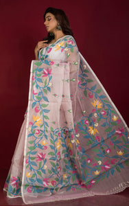 Premium Hand Woven Broad Border Nakshi Work Muslin Silk Dhakai Jamdani Saree in Cotton Pink, Blue and Multicolored Minakari Thread Work