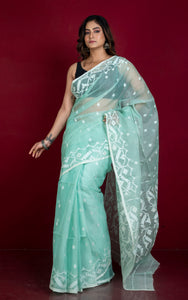 Premium Quality Traditional Karat Work Silk Jamdani Saree in Pale Turquoise Green and Off White