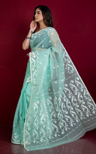 Premium Quality Traditional Karat Work Silk Jamdani Saree in Pale Turquoise Green and Off White