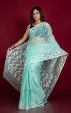 Premium Quality Traditional Karat Work Silk Jamdani Saree in Pale Turquoise Green and Off White