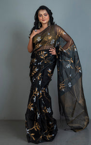 Premium Poth Muslin Silk Jamdani Saree with Jaal Floral Work in Black, Off White and Golden