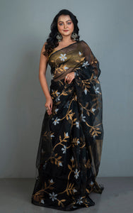 Premium Poth Muslin Silk Jamdani Saree with Jaal Floral Work in Black, Off White and Golden