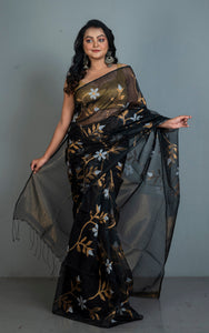 Premium Poth Muslin Silk Jamdani Saree with Jaal Floral Work in Black, Off White and Golden