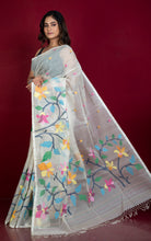 Premium Quality Hand Woven Floral Orchid Nakshi Work Muslin Silk Dhakai Jamdani Saree in Pearl White and Multicolored Minakari Thread Work