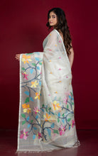 Premium Quality Hand Woven Floral Orchid Nakshi Work Muslin Silk Dhakai Jamdani Saree in Pearl White and Multicolored Minakari Thread Work