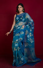 Premium Poth Muslin Silk Jamdani Saree with Jaal Floral Work in Peacock Blue, Off White and Golden