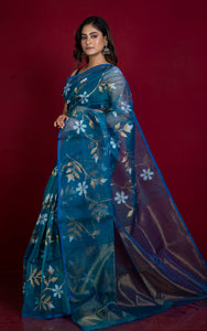 Premium Poth Muslin Silk Jamdani Saree with Jaal Floral Work in Peacock Blue, Off White and Golden