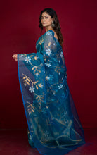 Premium Poth Muslin Silk Jamdani Saree with Jaal Floral Work in Peacock Blue, Off White and Golden