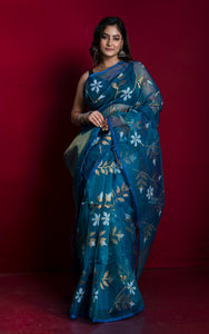 Premium Poth Muslin Silk Jamdani Saree with Jaal Floral Work in Peacock Blue, Off White and Golden