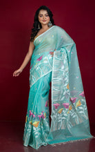 Premium Quality Hand Woven Floral Tulip Nakshi Work Muslin Silk Dhakai Jamdani Saree in Sea green and Multicolored Minakari Thread Work