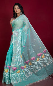 Premium Quality Hand Woven Floral Tulip Nakshi Work Muslin Silk Dhakai Jamdani Saree in Sea green and Multicolored Minakari Thread Work