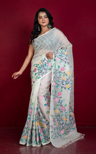 Premium Quality Hand Woven Skirt Border Nakshi Work Muslin Silk Dhakai Jamdani Saree in White, Black and Multicolored Minakari Thread Work