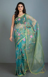 Premium Poth Muslin Silk Jamdani Saree with Jaal Floral Work in Tiffany Blue, Taffy Pink, Lemon Yellow  and Golden