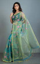 Premium Poth Muslin Silk Jamdani Saree with Jaal Floral Work in Tiffany Blue, Taffy Pink, Lemon Yellow  and Golden