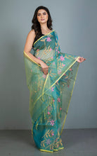 Premium Poth Muslin Silk Jamdani Saree with Jaal Floral Work in Tiffany Blue, Taffy Pink, Lemon Yellow  and Golden