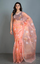 Premium Poth Muslin Silk Jamdani Saree with Jaal Floral Work in Candlelight Peach, Off White and Golden