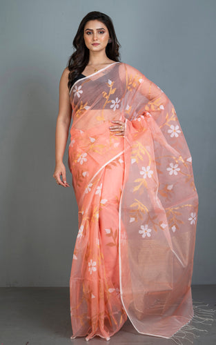 Premium Poth Muslin Silk Jamdani Saree with Jaal Floral Work in Candlelight Peach, Off White and Golden