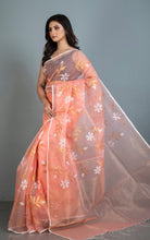 Premium Poth Muslin Silk Jamdani Saree with Jaal Floral Work in Candlelight Peach, Off White and Golden