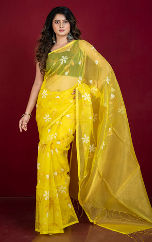 Premium Poth Muslin Silk Jamdani Saree with Jaal Floral Work in Yellow, Off White and Golden