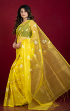 Premium Poth Muslin Silk Jamdani Saree with Jaal Floral Work in Yellow, Off White and Golden