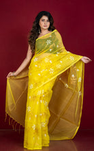 Premium Poth Muslin Silk Jamdani Saree with Jaal Floral Work in Yellow, Off White and Golden