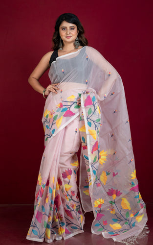 Premium Quality Hand Woven Floral Tulip and Lotus Nakshi Work Muslin Silk Dhakai Jamdani Saree in Lace Pink, Off White and Multicolored Minakari Thread Work