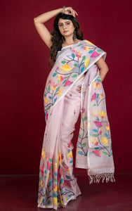 Premium Quality Hand Woven Floral Tulip and Lotus Nakshi Work Muslin Silk Dhakai Jamdani Saree in Lace Pink, Off White and Multicolored Minakari Thread Work