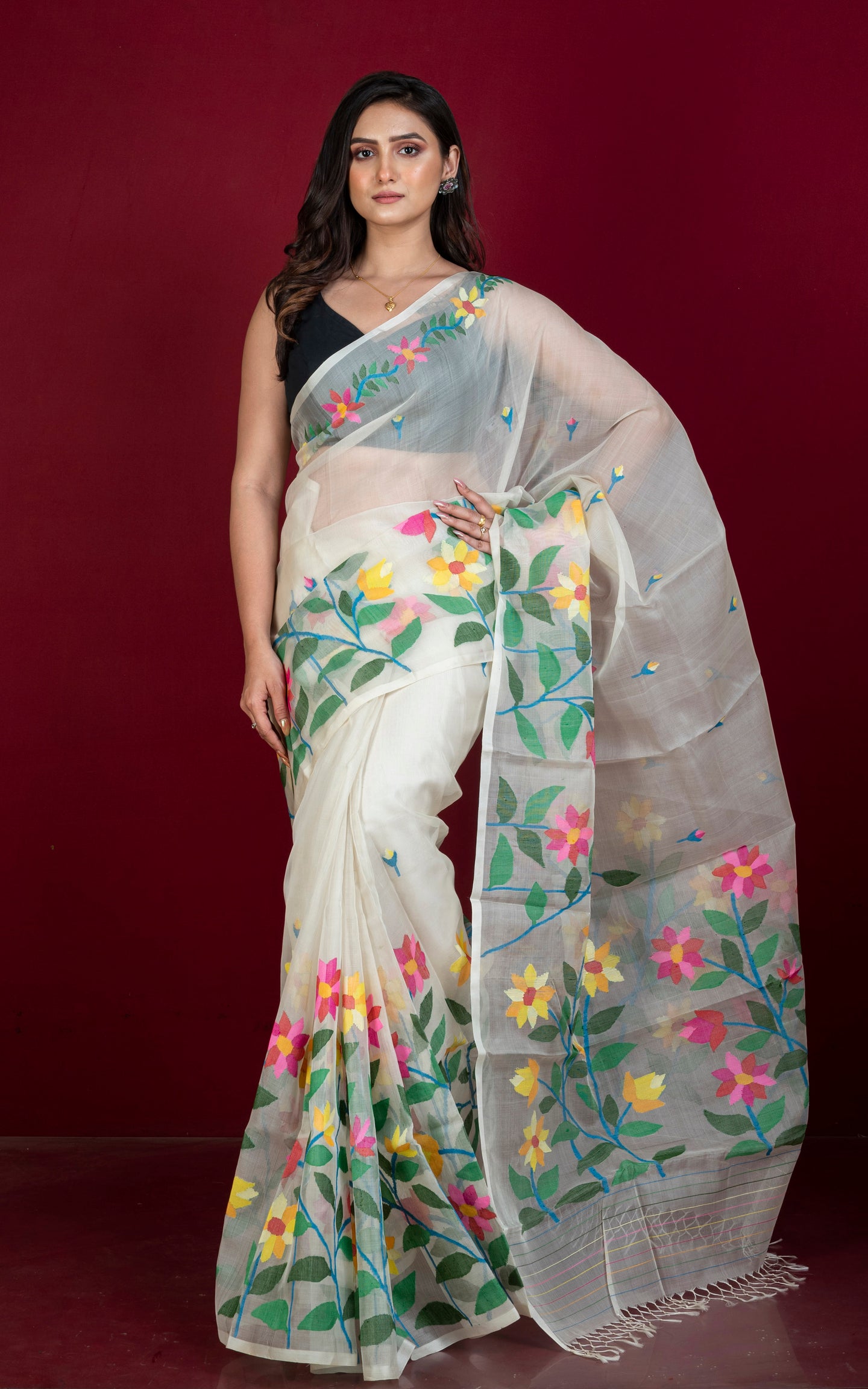 Premium Quality Hand Woven Floral Bouquet Nakshi Work Muslin Silk Dhakai Jamdani Saree in Off White and Multicolored Minakari Thread Work