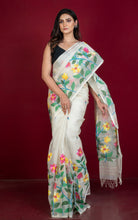 Premium Quality Hand Woven Floral Bouquet Nakshi Work Muslin Silk Dhakai Jamdani Saree in Off White and Multicolored Minakari Thread Work