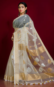 Soft Muslin Silk Banarasi Saree in Off White, Golden and Silver Zari Work