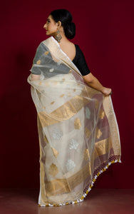 Soft Muslin Silk Banarasi Saree in Off White, Golden and Silver Zari Work