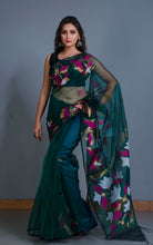 Naal Phool Woven Nakshi Work Muslin Silk Jamdani Saree in Peacock Green, Hot Pink, White and Gold Zari Weave