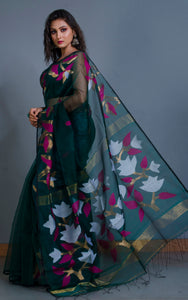 Naal Phool Woven Nakshi Work Muslin Silk Jamdani Saree in Peacock Green, Hot Pink, White and Gold Zari Weave